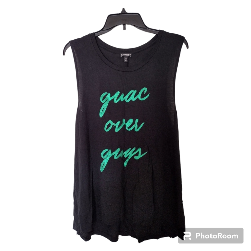 Express Black Green Glitter Guac Over Guys Text Tank top size Large